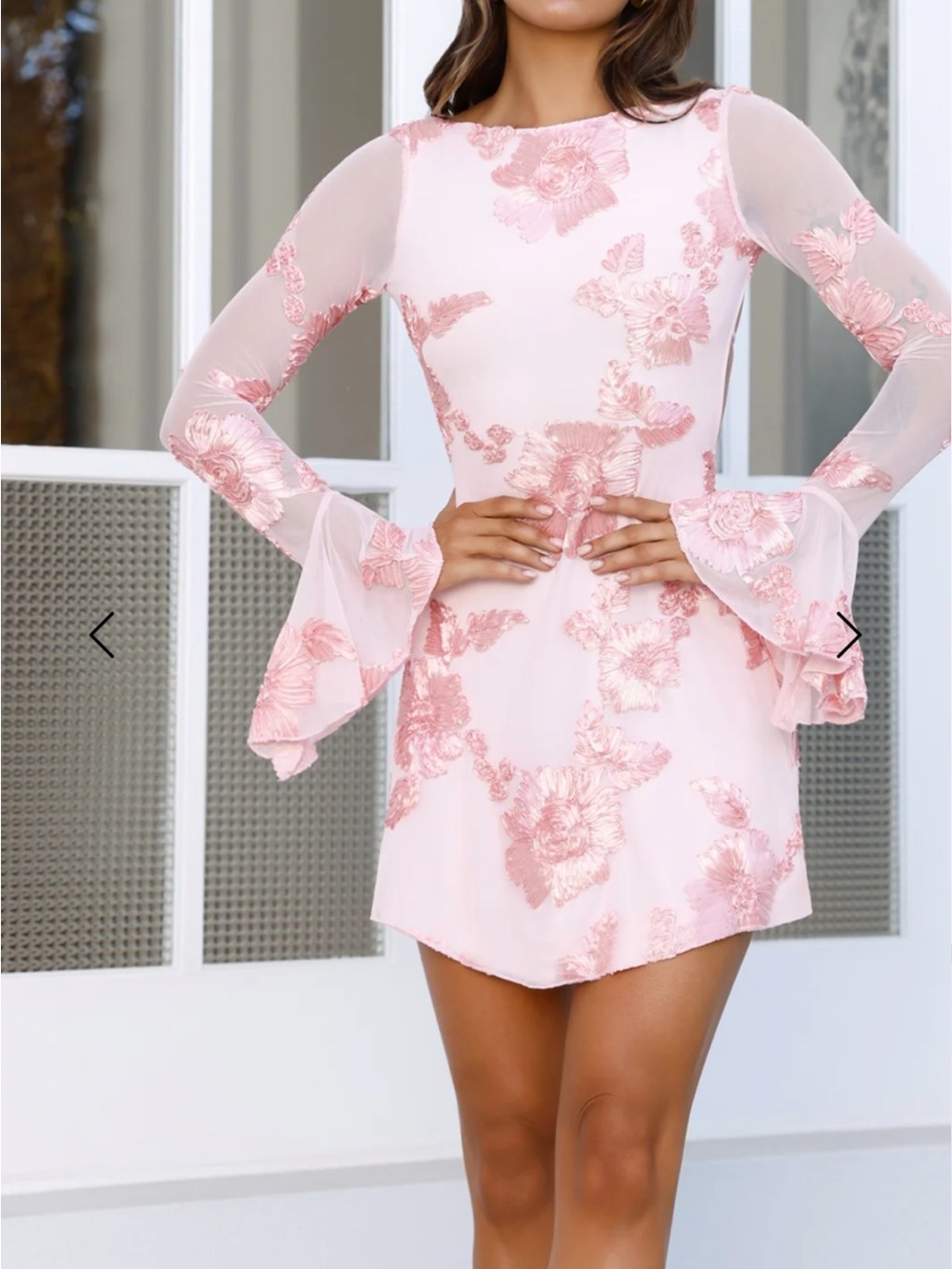 Hello Molly Floral Lace pink Bell-Sleeve Mini Dress